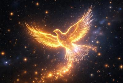 The primary subject of the image is a bird, specifically a dove, with a golden and white color scheme. The bird is flying through a starry night sky, surrounded by a multitude of stars. The visual style of the image is a combination of photo and digital art, creating a surreal and celestial atmosphere. The colors and mood of the image are serene and dreamy, with the golden dove and the twinkling stars evoking a sense of wonder and peace.